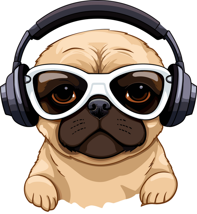 Cute pug dog with headphones and headphones. Vector illustration.